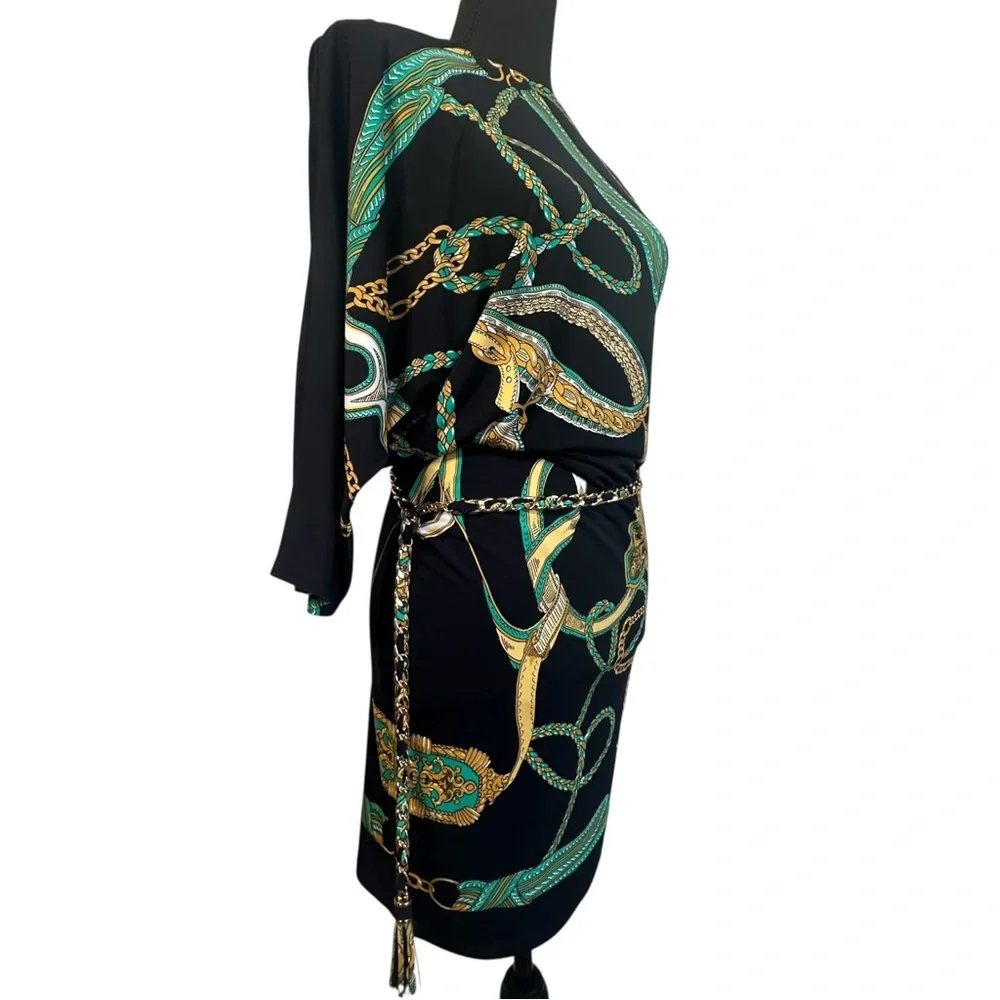 ✨Y2K Cache Dress with Green and Gold Chain Print Size M - Picture 9 of 13